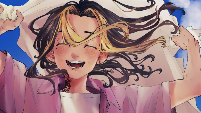 Tokyo Revengers Kazutora Hanemiya smiling happily under blue sky