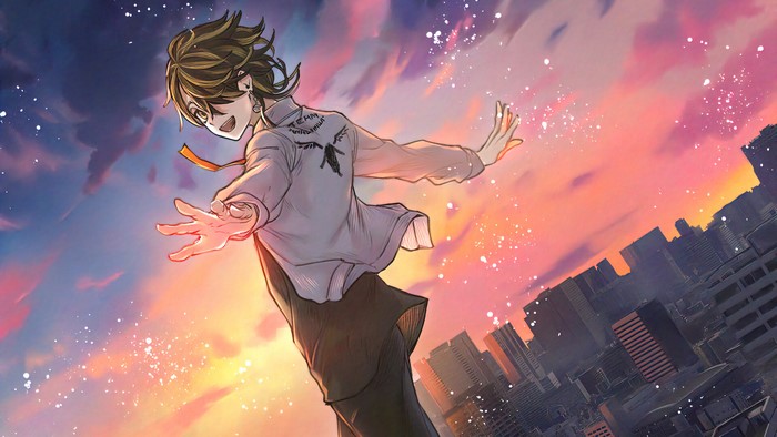 Kazutora Hanemiya soaring over city at sunset