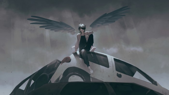 Kazutora Hanemiya Sitting on Cars with Wings