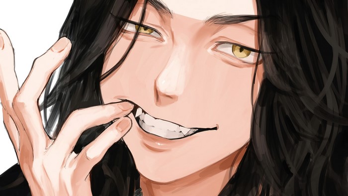 Keisuke Baji biting finger with sharp teeth