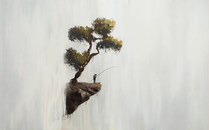 Artistic Fisherman on Floating Cliff Waterfall