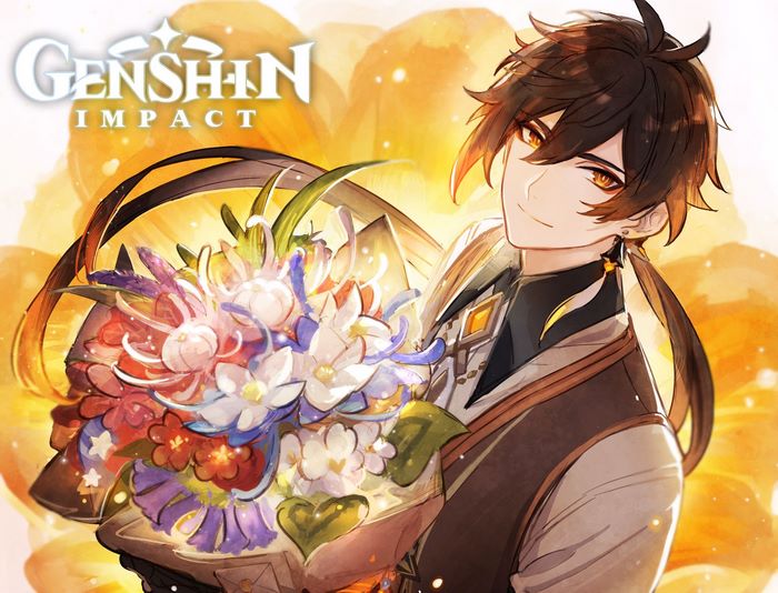 Genshin Impact Zhongli smiling with a flower bouquet