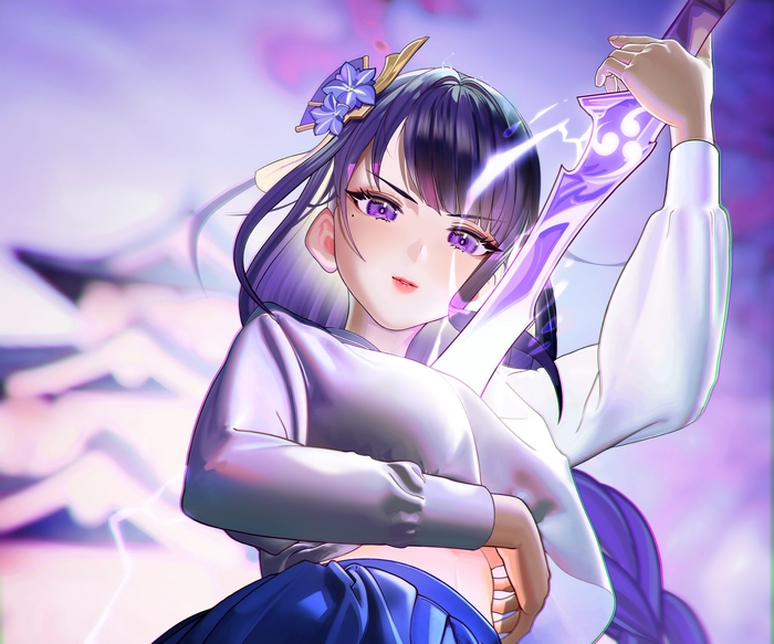 Raiden Shogun wielding her glowing purple sword