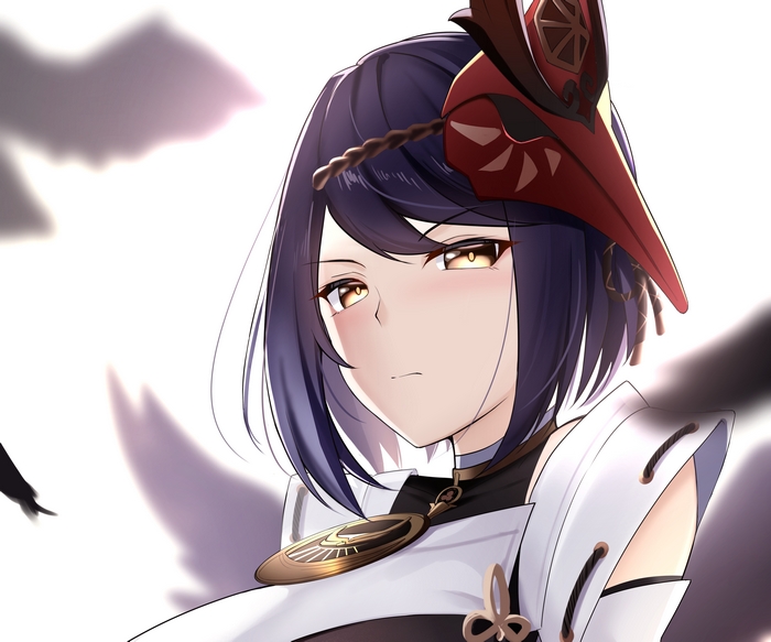 Kujou Sara with Tengu Mask and Serious Expression