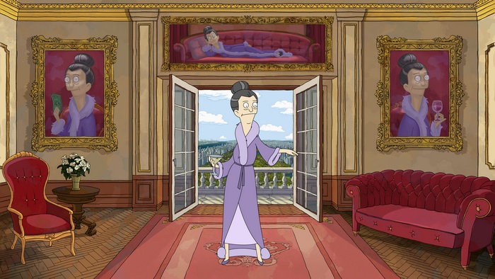 Helen in her robe and portraits in luxurious Central Park home