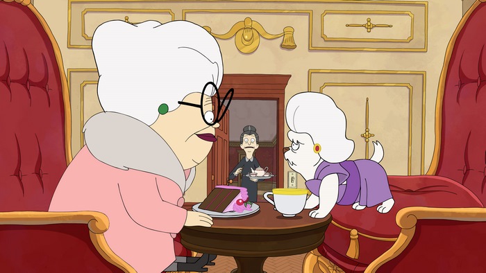 Bitsy and Helen having tea and cake