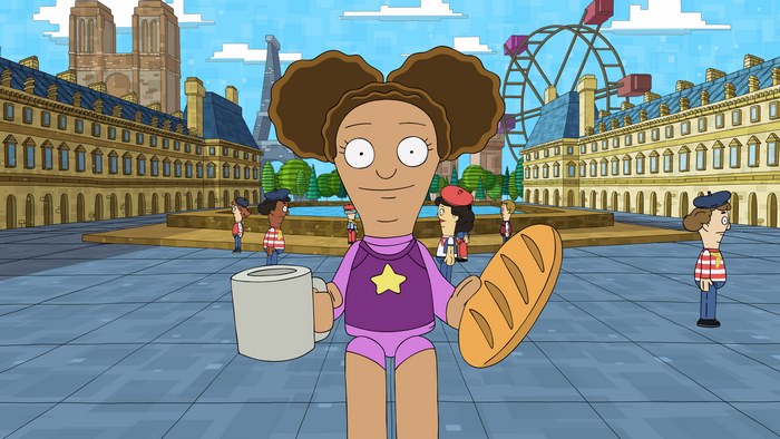 Molly from Central Park in pixelated Paris with baguette