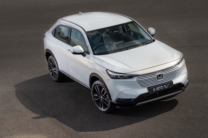 White Honda HR-V e:HEV SUV from above