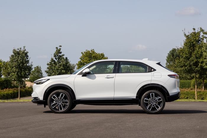 White Honda HR-V e:HEV SUV side profile