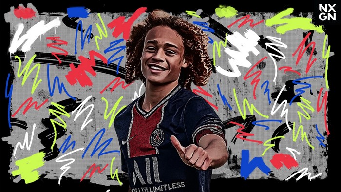 Xavi Simons in Paris Saint-Germain jersey, colorful graphic style