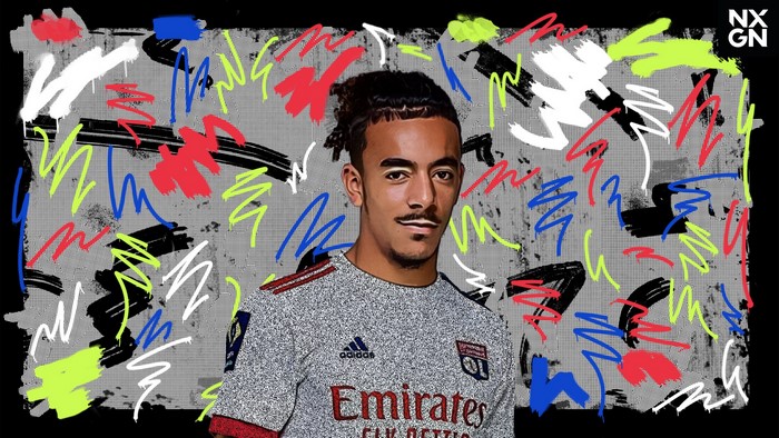 Malo Gusto of Olympique Lyonnais against abstract background