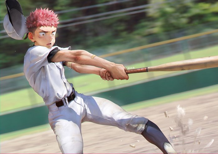 Yuji Itadori swinging a baseball bat in action