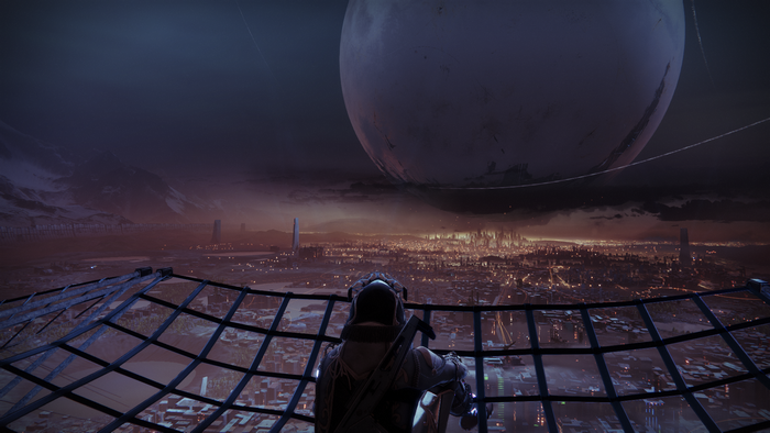 Destiny Hunter overlooks The Last City and The Traveler