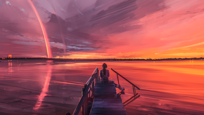 Girl on the lake at sunset with rainbow