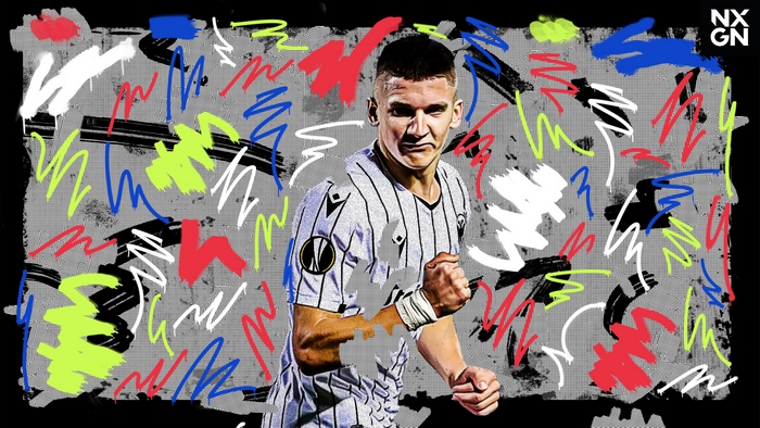 Christos Tzolis soccer player with vibrant graffiti background