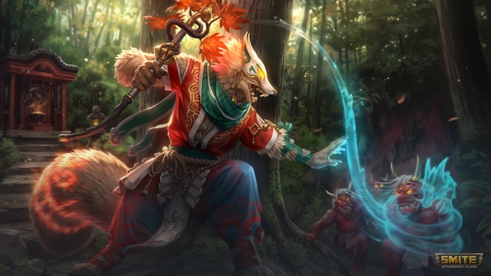 Senko Sage Anubis (Smite) fighting Oni in a shrine forest