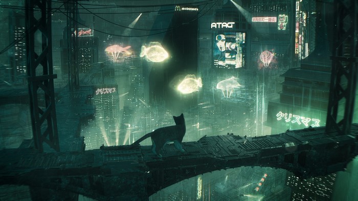 Cat on bridge in rainy cyberpunk Hologram Valley