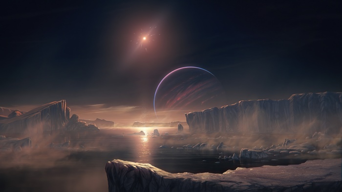Triton's Icy Ocean under a Distant Star and Planet