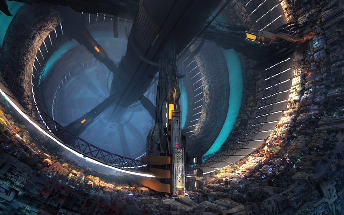 Massive Cylindrical Space Freighter Interior City