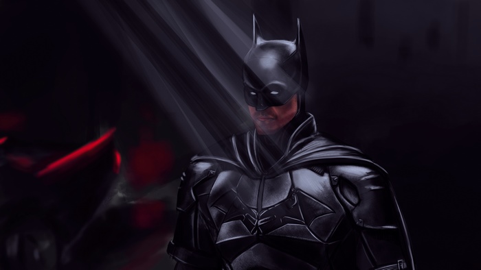 The Batman with Batmobile in Dark Setting