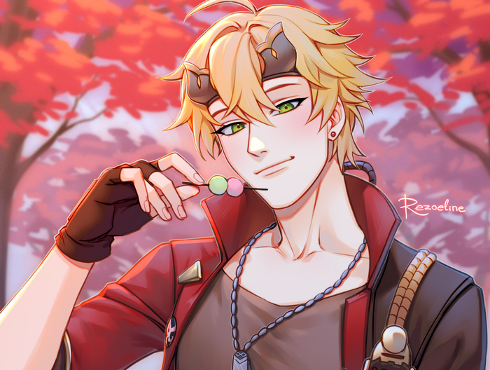 Thoma smiling with dango and autumn leaves