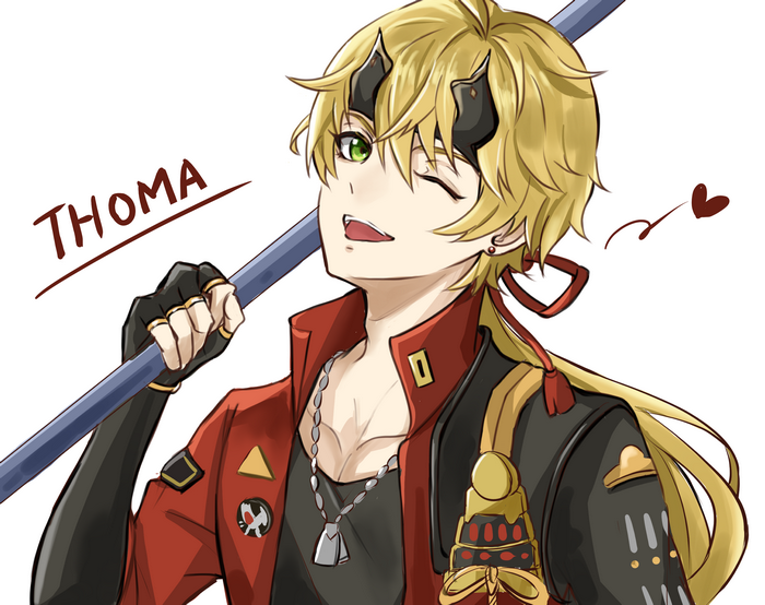 Thoma (Genshin Impact) winking with polearm