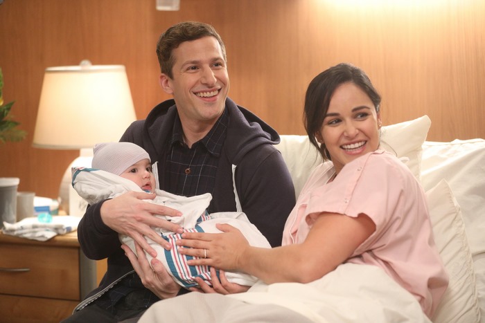 Andy Samberg and Melissa Fumero with baby in Brooklyn Nine-Nine