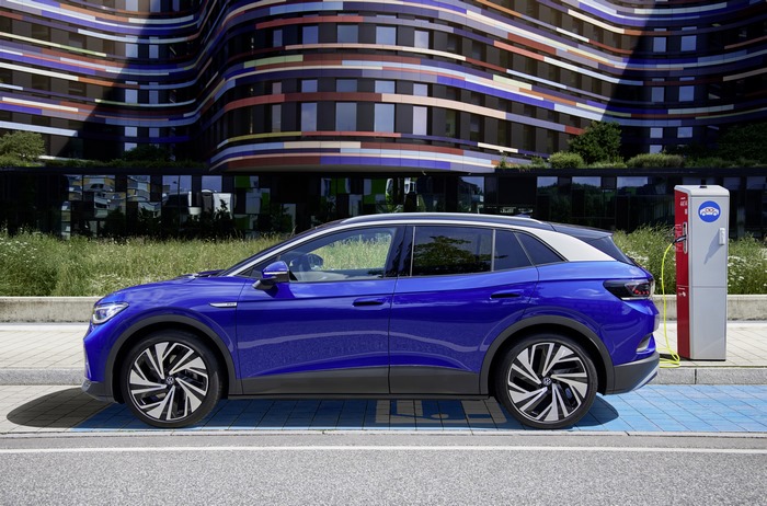 Blue Volkswagen ID.4 Pro electric car charging