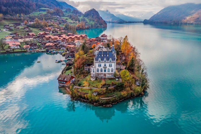 Lake Brienz in Switzerland with a charming island villa