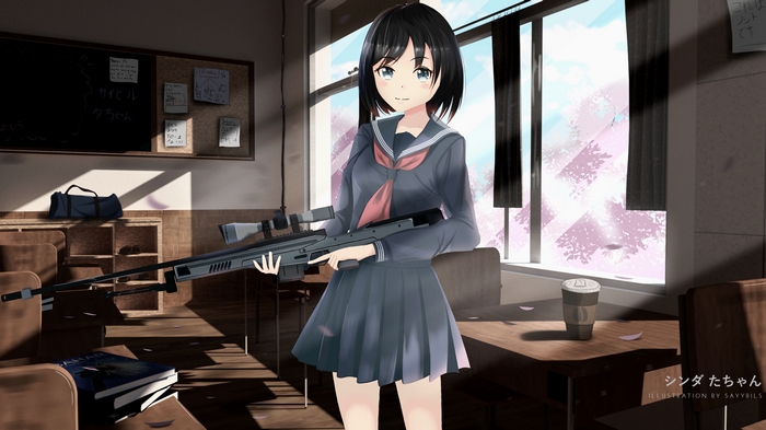 Anime Schoolgirl with Sniper Rifle in Classroom