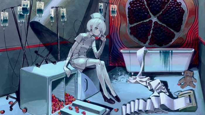 White-haired nurse sitting in a messy, surreal room