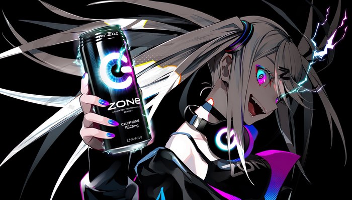 Energized white-haired girl with ZONe energy drink and headphones