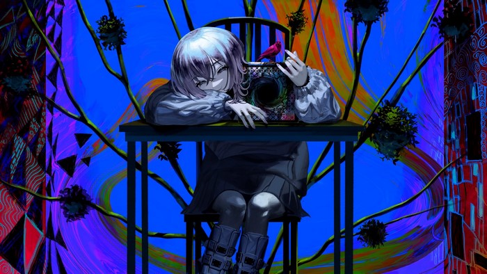 Grey-haired girl resting with grin and black vortex