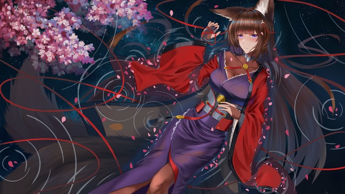 Elegant Amagi (Azur Lane) with cherry blossoms and ribbons