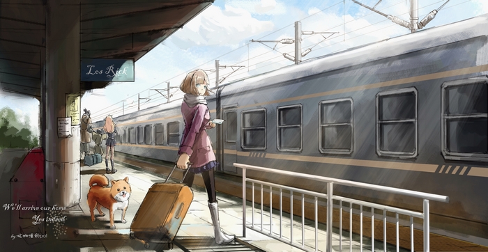 Girl with dog and suitcase on train platform