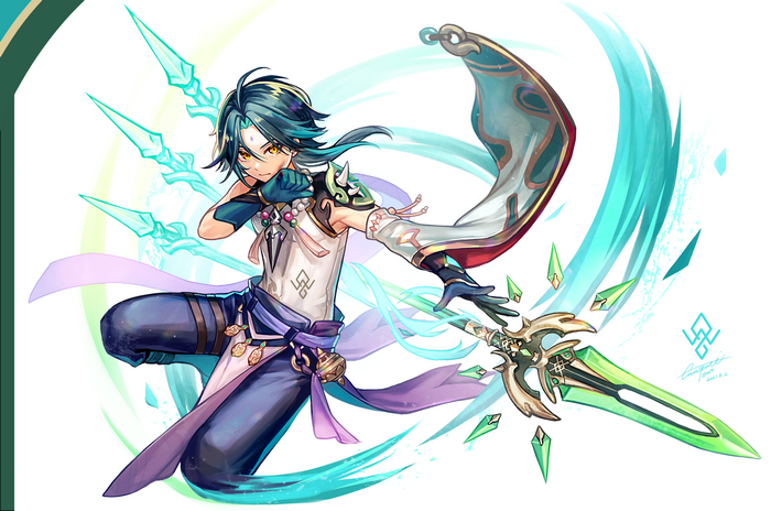 Xiao (Genshin Impact) in action with glowing spear
