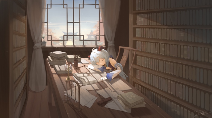 Ganyu (Genshin Impact) napping in a sunlit library