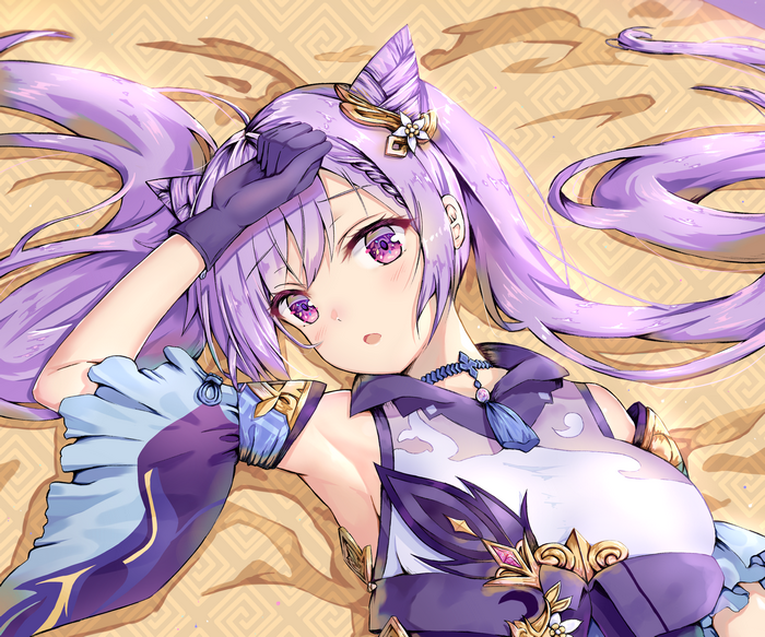 Keqing (Genshin Impact) lying down with purple hair