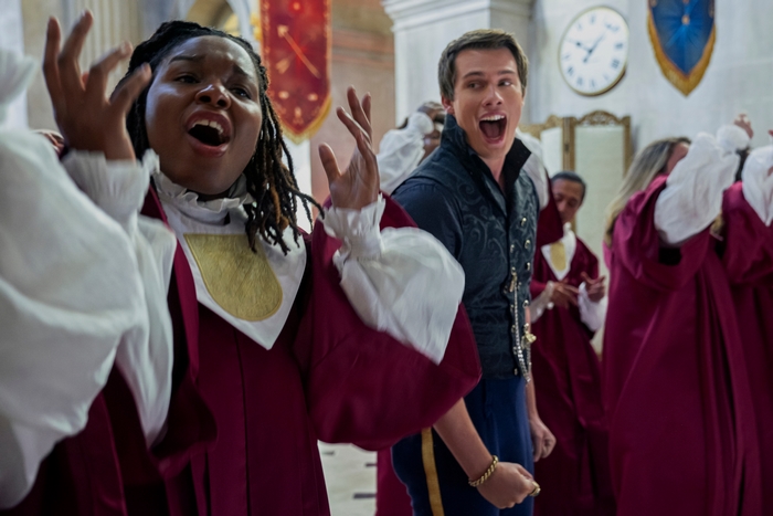 Nicholas Galitzine and choir singing in Cinderella (2021)