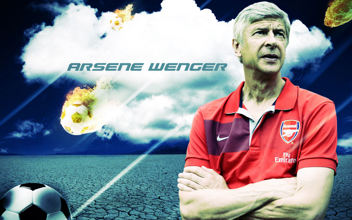 Arsene Wenger in Arsenal kit with fiery footballs