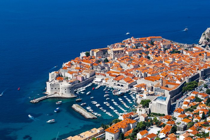 Aerial view of Dubrovnik Old Town and harbor, Croatia