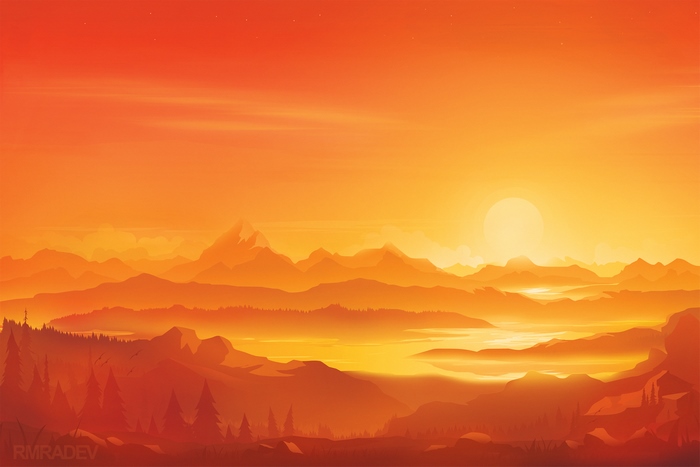 Artistic Orange Sunset Mountain Lake Landscape