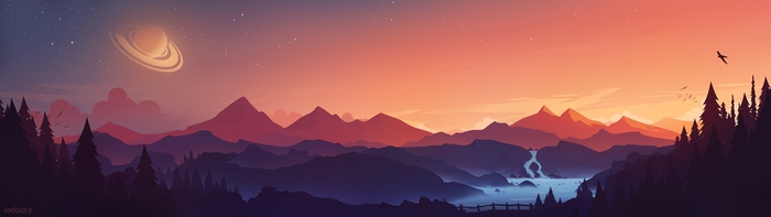 Minimalist Sci Fi Landscape with Planet and Sunset