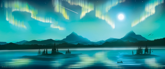Aurora Borealis over a moonlit lake and mountains