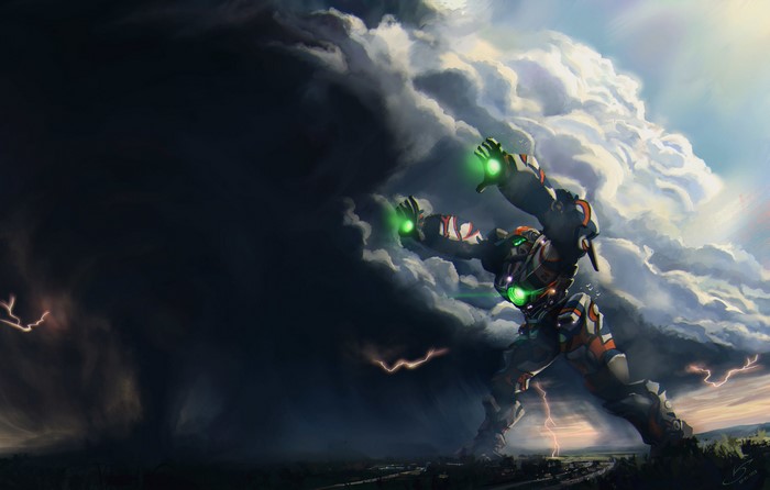 Storminator mech in a dramatic storm with lightning