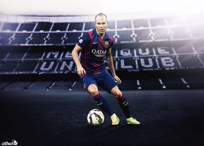 Andrés Iniesta dribbling soccer ball at Camp Nou