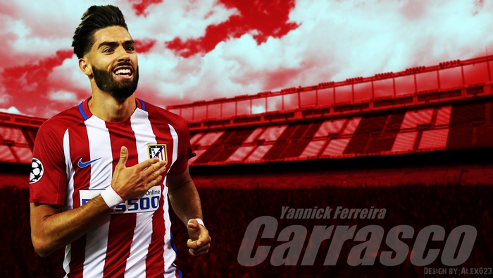 Yannick Carrasco in Atlético Madrid kit with stadium background