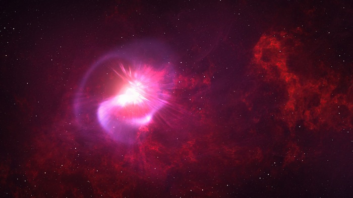 Stellar Explosion in a Vibrant Red Nebula