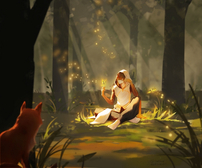 Zhongli in a magical forest with glowing butterflies