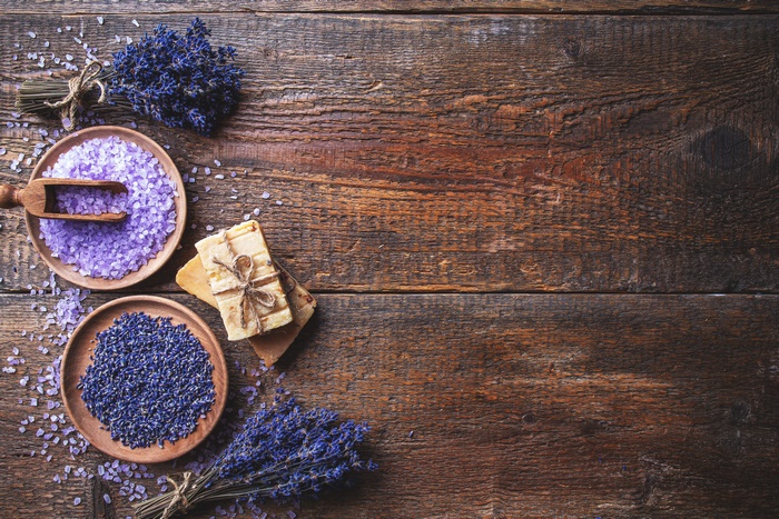 Lavender spa products still life on wood